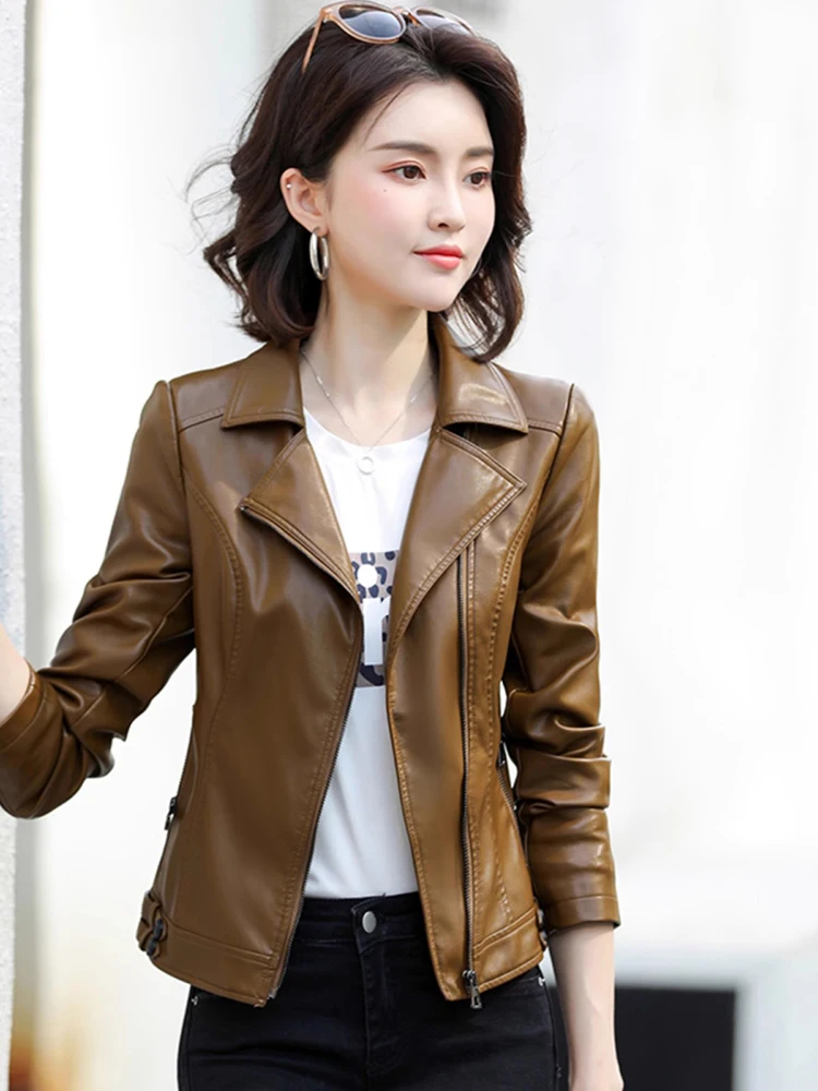 New Women Biker Leather Jacket Spring Autumn Fashion Casual Suit Collar Long Sleeve Slim Short Split Leather Coat Streetwear