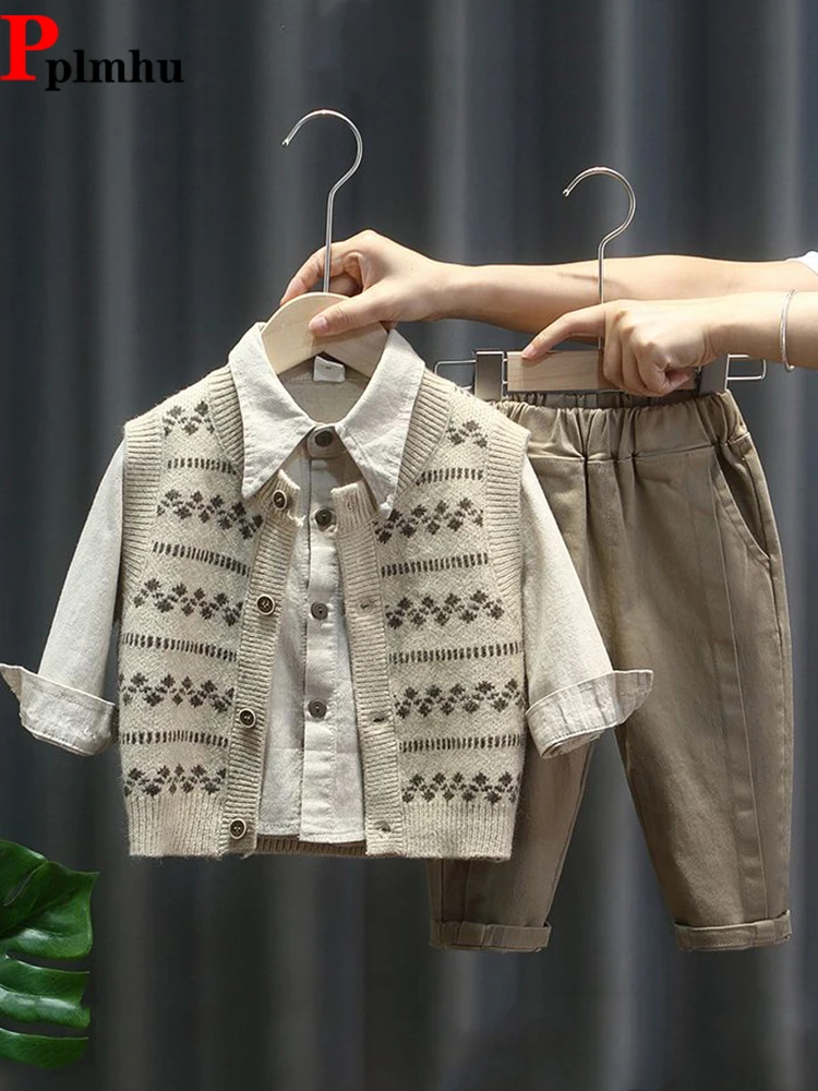 

Casual Boys 3 Piece Sets Kids Knitted Vest Jackets + Shirts + Cotton Linen Harem Pants Conjuntos Spring Fall Children Ensembles