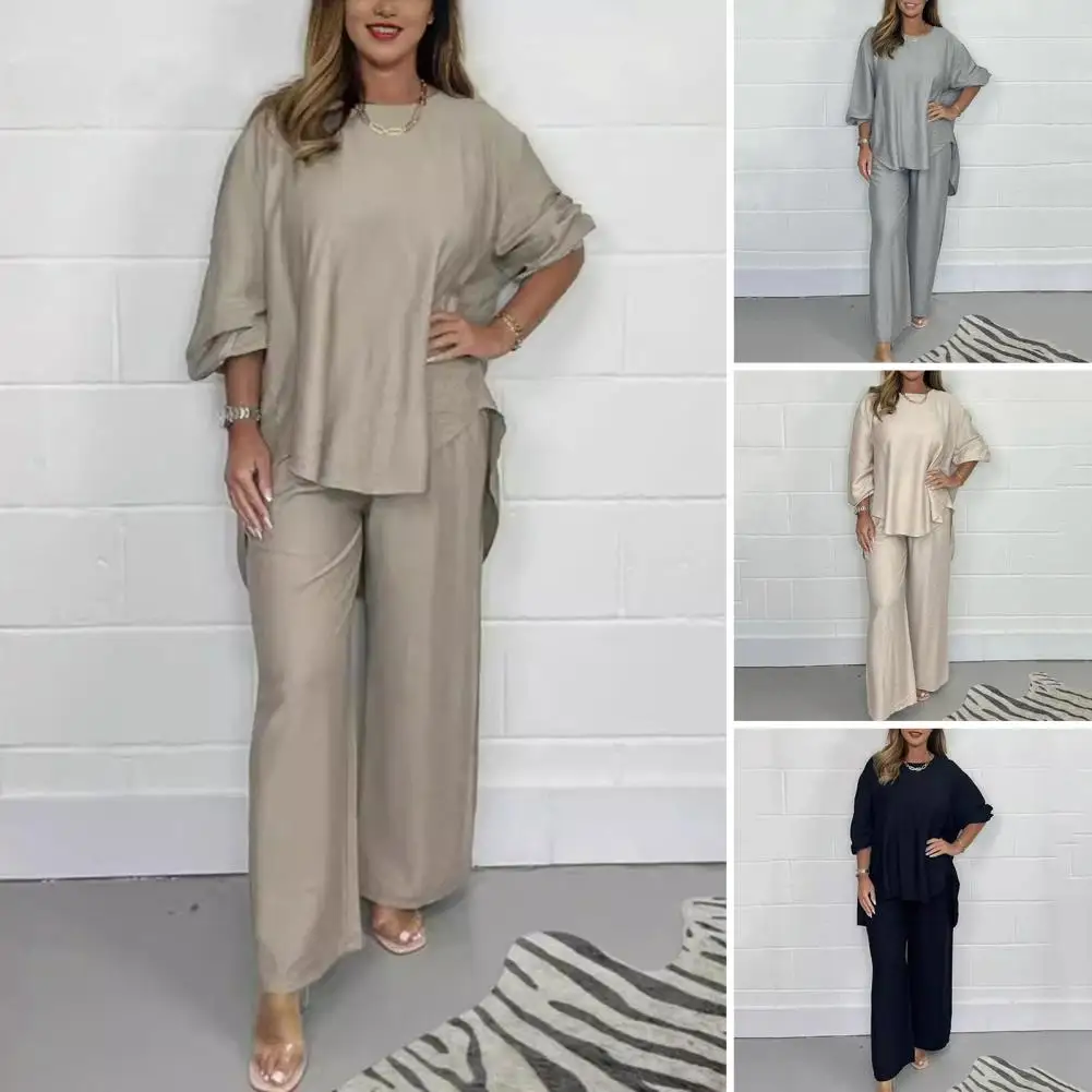 Long-sleeve Top Wide-leg Pants Set Stylish 2-piece Women's Sleepwear Set O Neck Long Sleeve Blouse with Irregular for Mothers