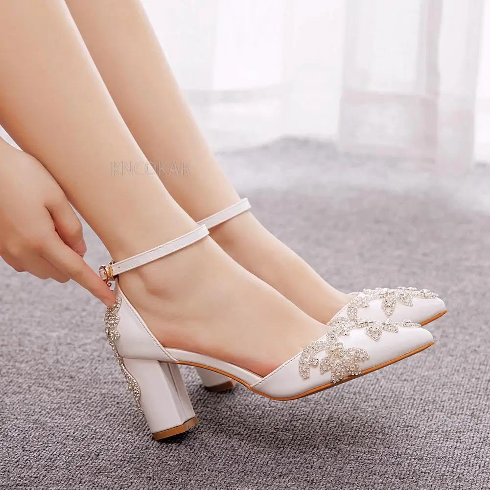 

Women 7CM Thick High Heels Sexy Pumps White Luxury Rhinestone Wedding Bride Shoes Pointed Toe Buckle Strap Sandals