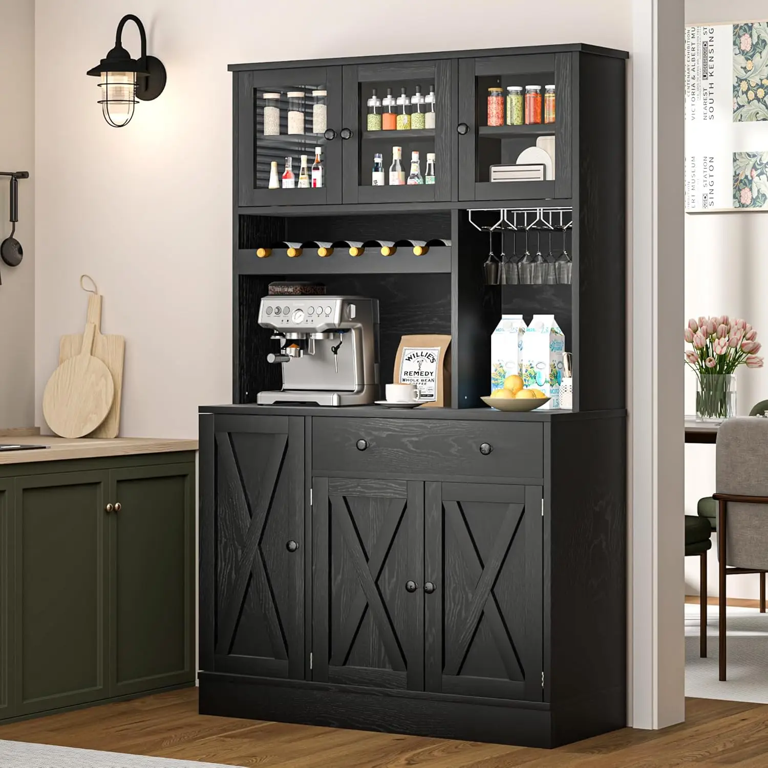 

71''H Kitchen Pantry Storage Cabinet with Power Outlet, Tall Cabinet with Doors, Shelves & Drawer, Buffet Cabinet with