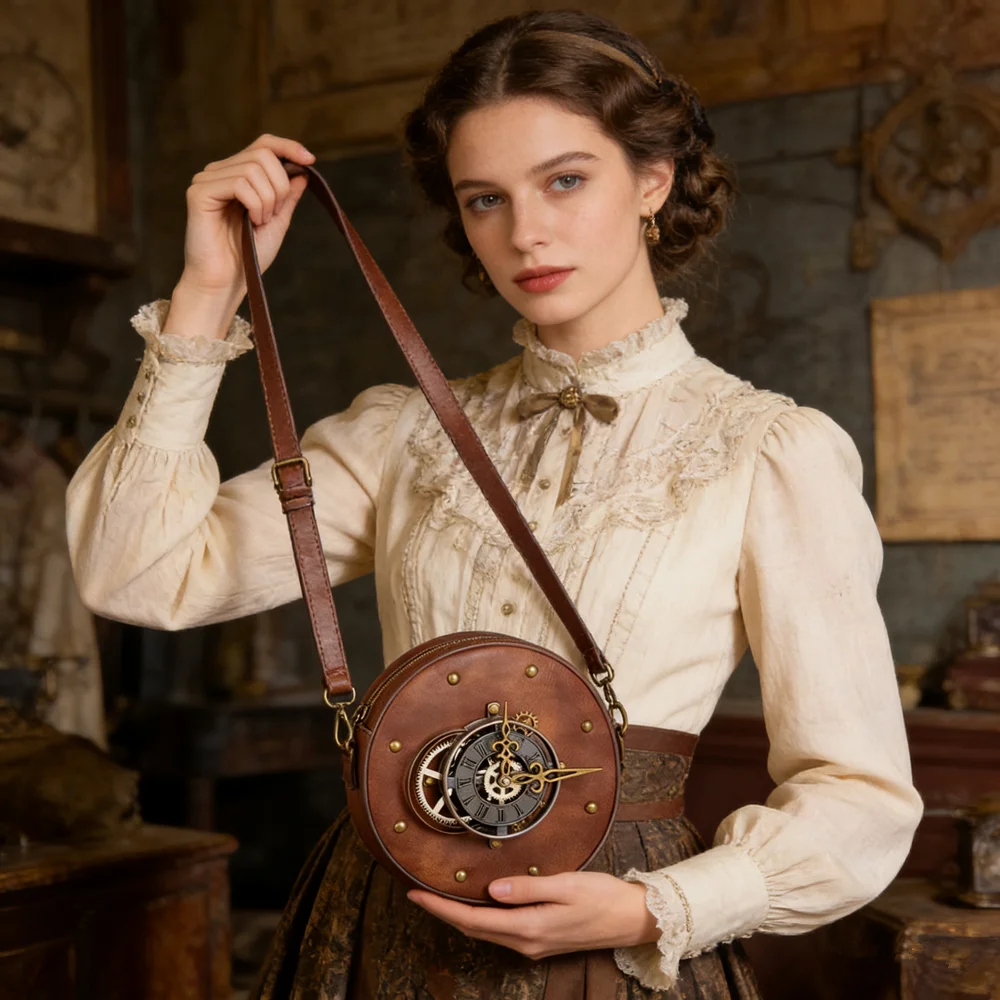 Women's bag Steampunk Women's Single Shoulder Bags Messenger Bag Pu Leather Retro Round Motorcycle Bag wallet card holder