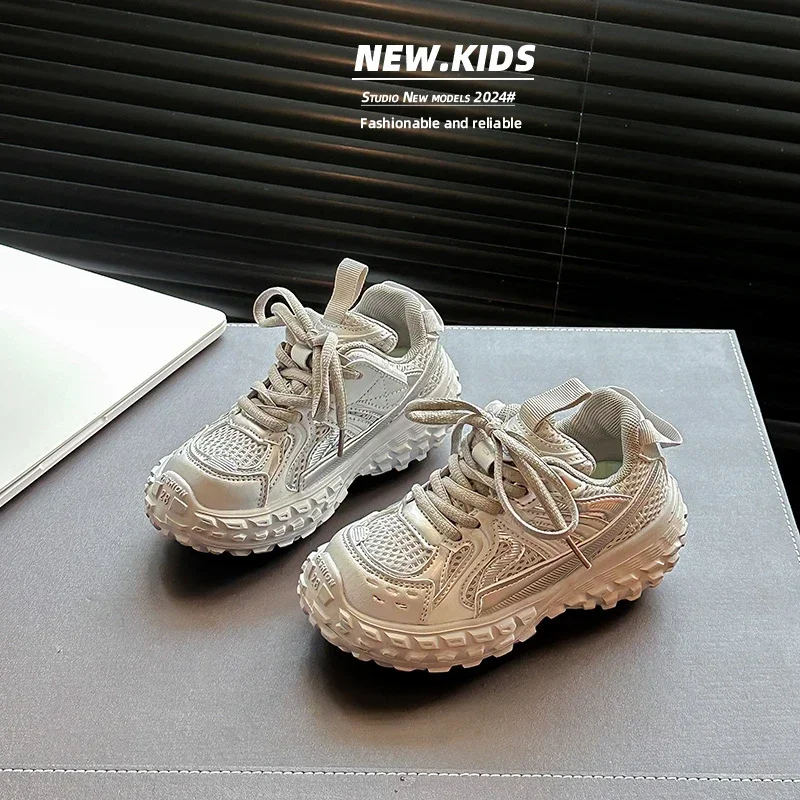 Boys Girls Sneakers Handsome Fashion Children Running Shoes Mesh Breathable 2024 New Versatile Thick Sole Sneakers for Students