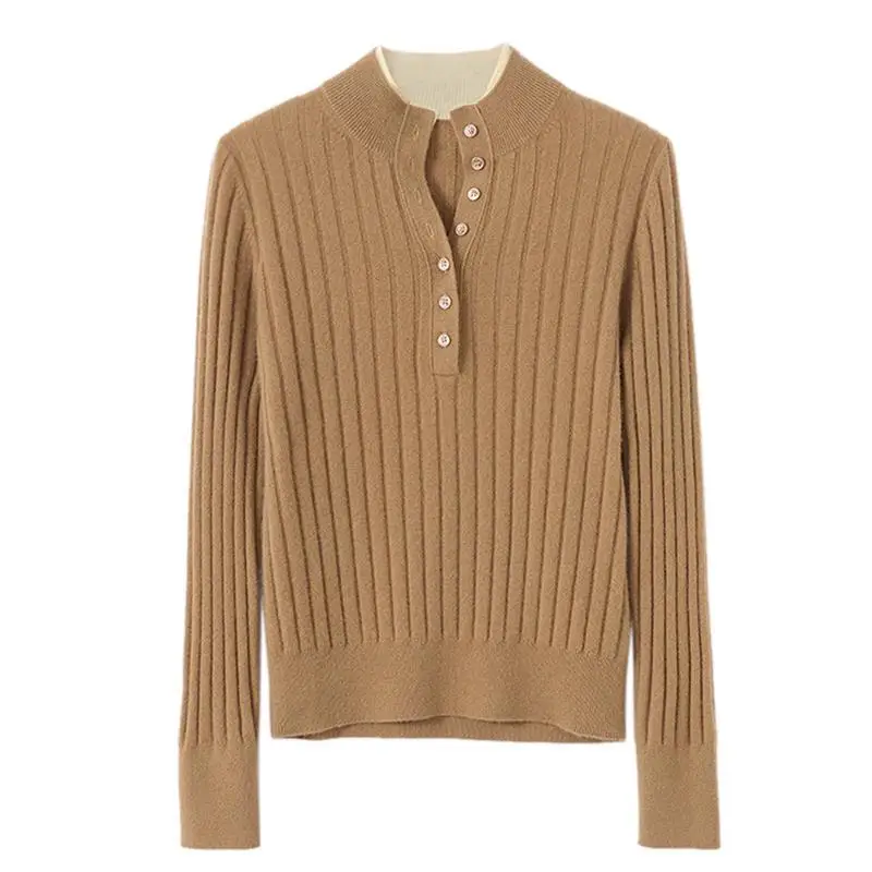 

New Bottoming Shirt Korean Women Sweater Coat Autumn Winter Fake Two-piece Fashion Pullover Stand-up Collar Knitwear Ladies Tops