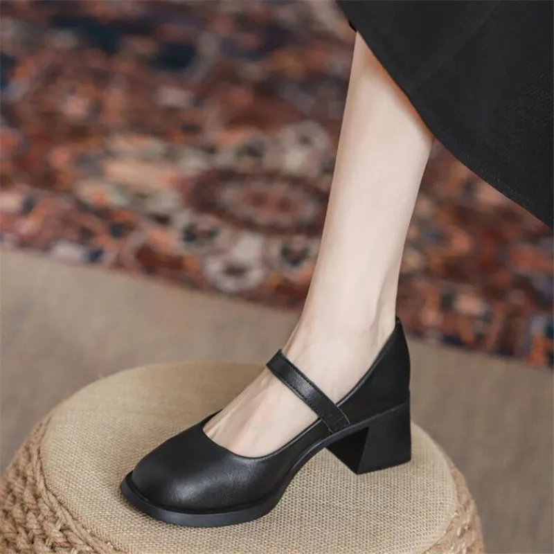

Genuine Leather Women High Heel Shoes Mary Jane Chunky Heeled Shoes Women Spring Luxury Party Wedding Ladies Shoes