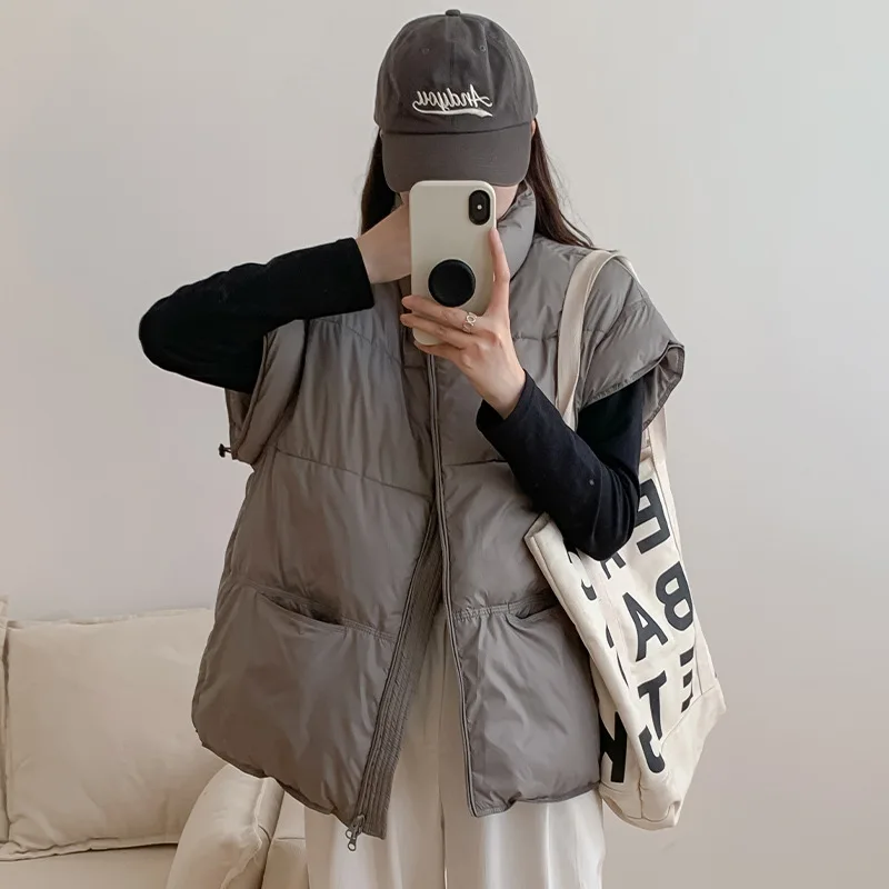 Women Sleeveless Thick Parkas Solid Vests Zipper Basics Jackets Casual Pockets Outerwear Spliced Short Vest Streetwear Autumn