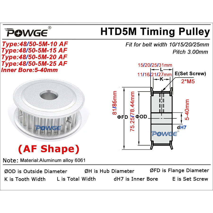 

POWGE 48Teeth 50Teeth HTD 5M Timing Pulley AF shape Bore 8-40mm for HTD5M belt width 15/20/25mm 48T 50T