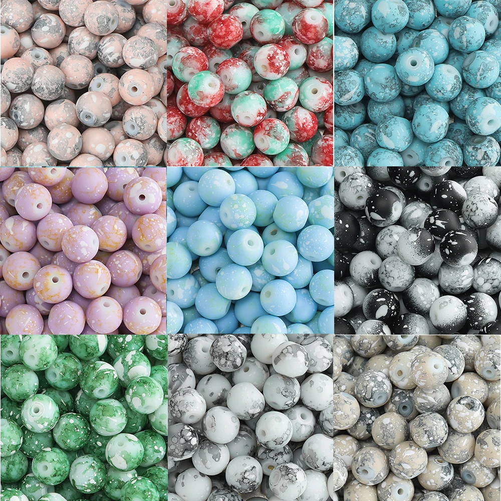 30-50pcs 8/10mm Glass Snowflake Beads Round Imitation Ceramic Spacer Beads for Bracelet Necklace Jewelry Making Accessories