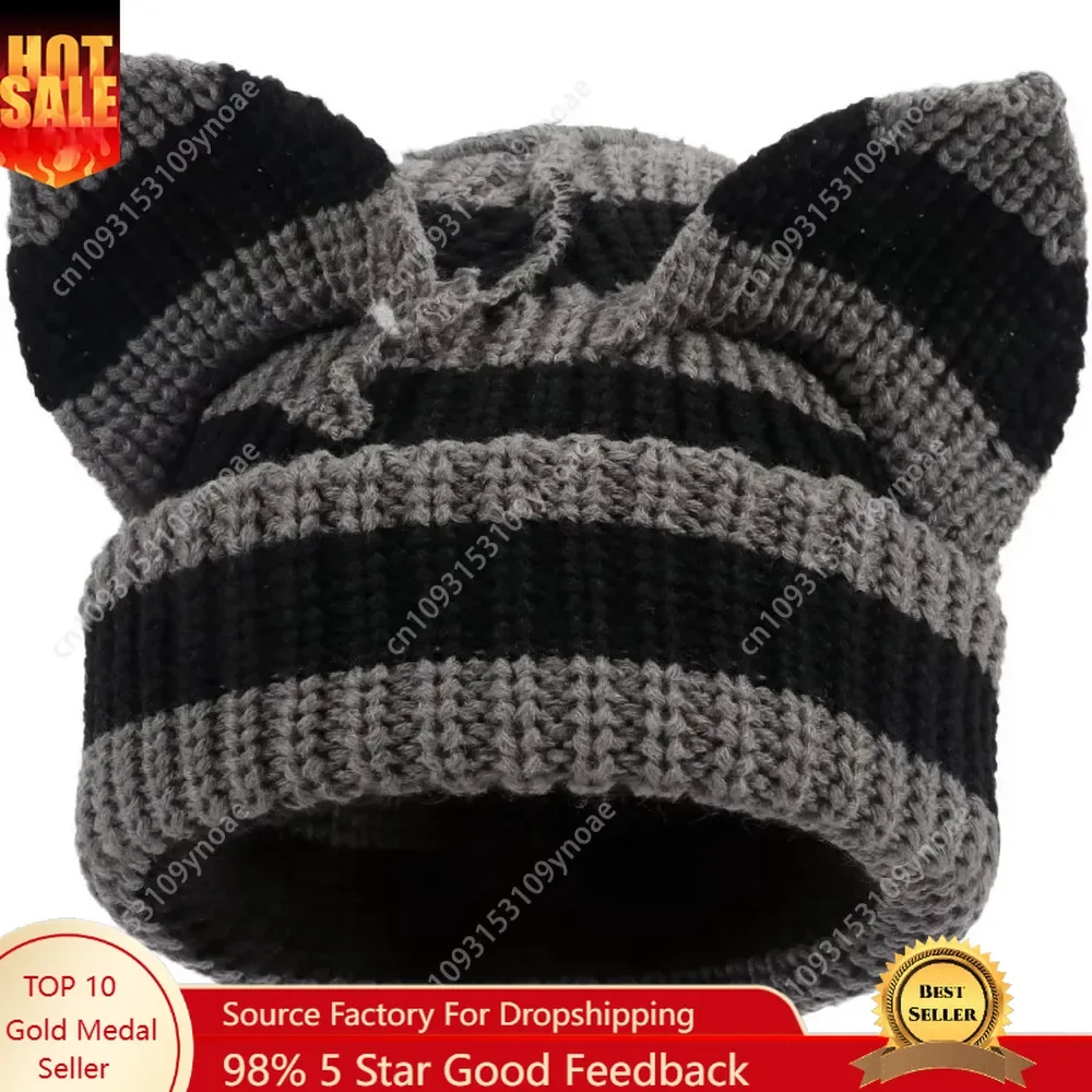 

Winter Crochet Hats Fashion Y2k Cat Ear Beanie Cap Comfy Casual Warm Skull Hat Ski Cycling Outdoor Man Women Knitted Cap