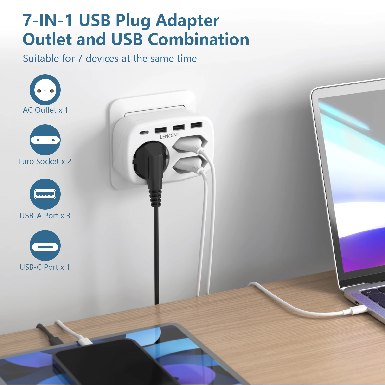 LENCENT EU Multiple Wall Plug 7 in 1 Socket with 3 AC Outlets 3 USB Ports and 1 Type C Multiple Plug Adapter for Home and Office