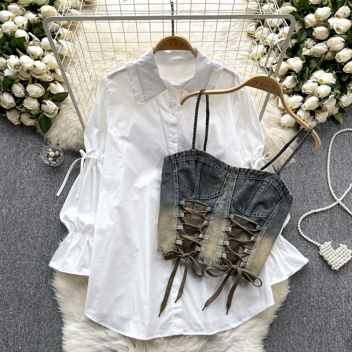 Denim Vest+Long Shirt Suits Spaghetti Strap Bandage Vest Tops + All Matching Puffy Sleeve Mini Shirts Dresses Sets For Women