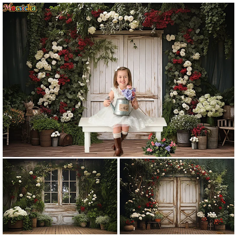 Mocsicka Spring Photography Backdrops Valentine's Day Rose Floral Wooden Door Background Wedding Photo Kids Birthday Studio