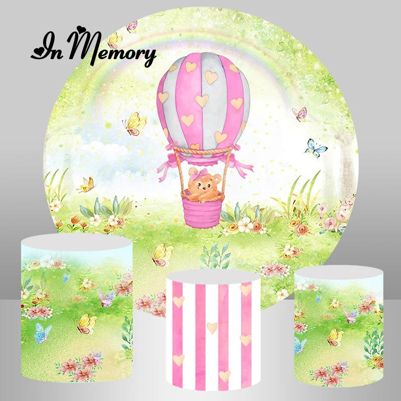 

Cartoon Newborn Baby Shower Round Backdrops Bear Hot Air Balloon Woodland Flowers Butterfly Girls 1st Birthday Party Backgrounds