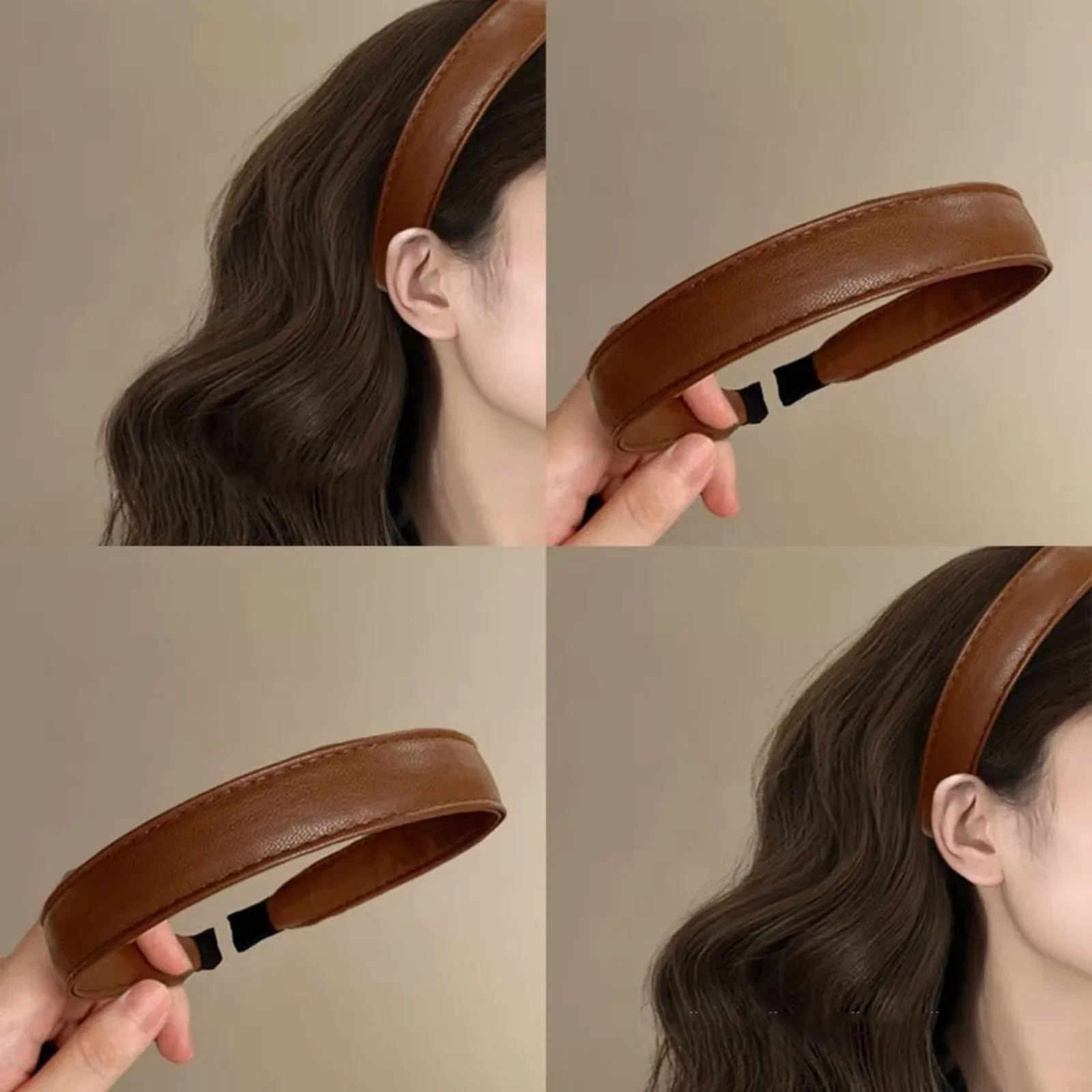 1Pc Retro Wine Red Leather Headband High-End Hair-Containing Hoop New Year PU Leather Korean-Style Travel Hair Band