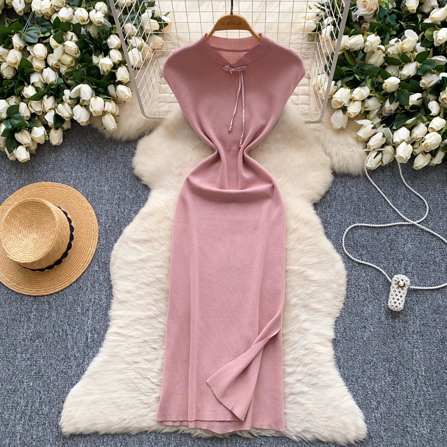 

Chic Elastic Knit split short sleeve vintage Women Elegant Korean Fashion Vestidos Summer Slim pencil dress