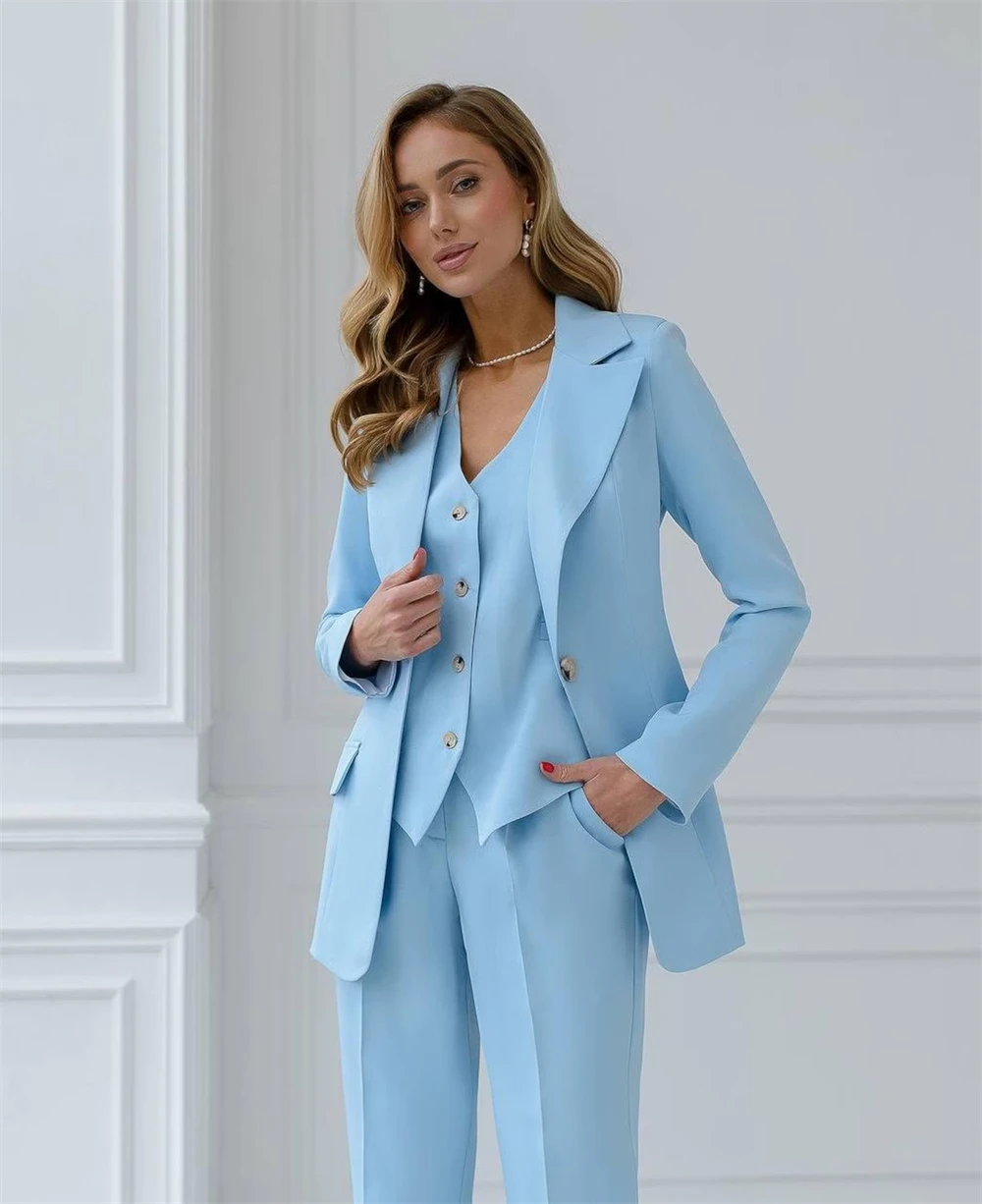 Light Blue Women’s Suit 3-Piece Women Tuxedo Suit Blazer Dress Prom Slim Fit Formal Office Lady Blazer Set (Jacket+Vest+Pants)