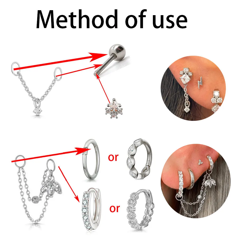 1 Stuk Schakel Ketting Oor Piercing Neus Scharnierende Oorbel Kroon Ronde Zirkoon Hanger Schelp Helix Kwast Piercing Kettingen Lichaam Sieraden