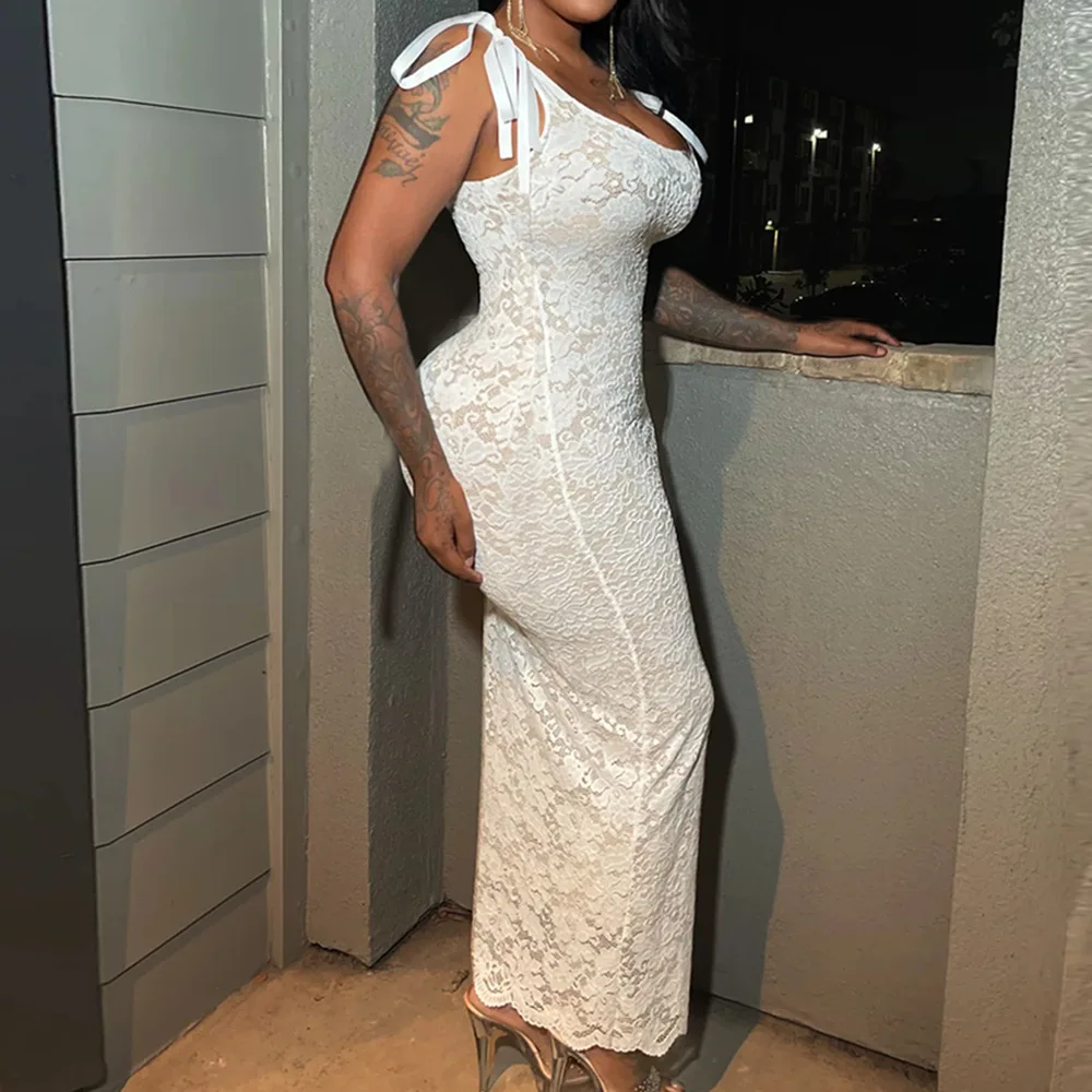 Primavera e verão feminino recém chegados laço sexy volta renda dupla camada vestido longo