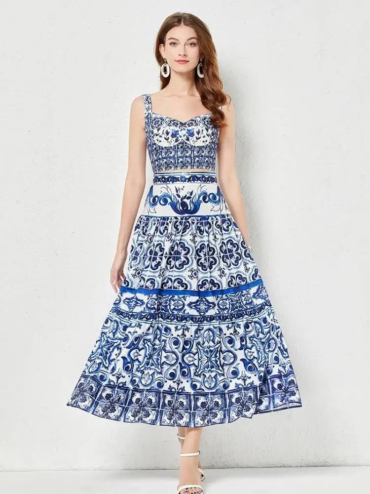 

Women Vintage Evening Party Two Piece Sets Summer Printed Patchwork Contrasting Shirt Top Slim A-line High Waisted Skirt Suits