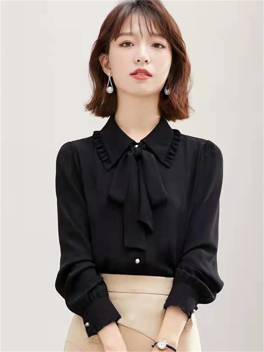 Women Summer Spring Shirts Lady Fashion Casual Long Sleeve Bow Tie Collar Solid Color Office Elegant Blusas Tops G2381