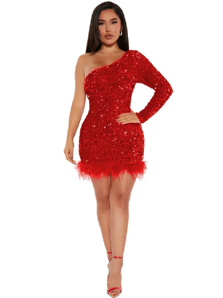 GUWU หนึ่งไหล่แขนยาวขนสัตว์ Hem Bodycon Mini Elegant ผู้หญิงชุดคลาสสิกเซ็กซี่ Feathers Party Evening Prom Dresses Vestidos