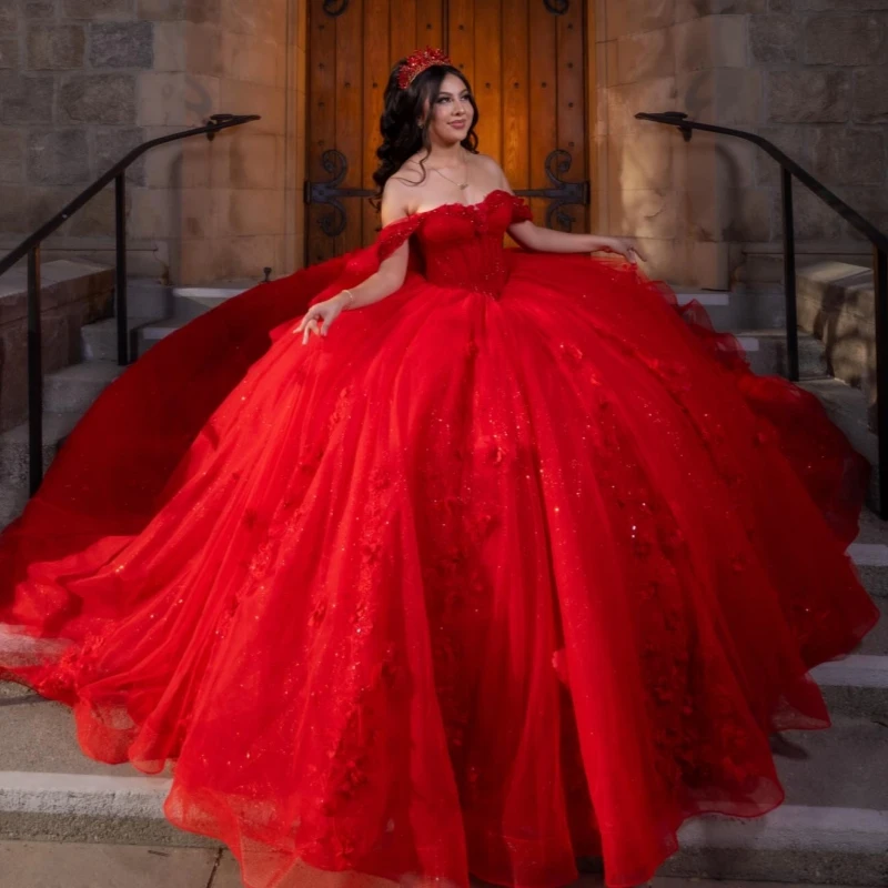 

Red Shiny Ball Gown Quinceanera Dresses Applique Flower Beading Crystal Bow Tull Corset Tull Off Shoulder Sweet 16 Dress Vestido