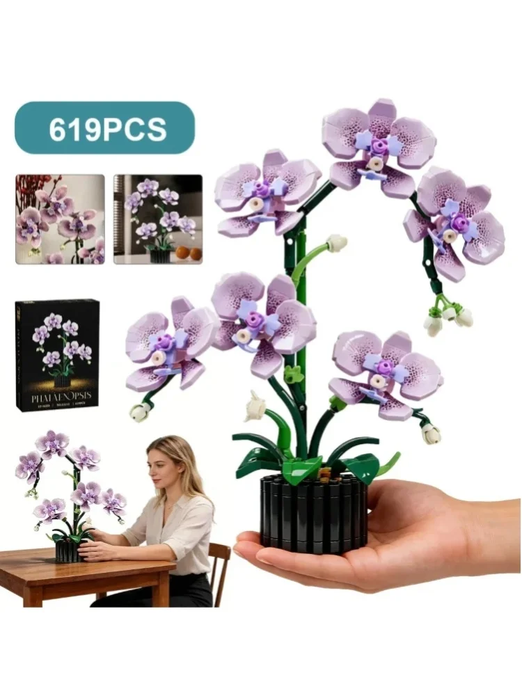 Orchideen-Topfpflanzen Simulationsmodell-Bausteine, 619-teiliges Kreatives Orchideen-Cymbidium Ewige Blumen Topfpflanzen-Bausteine, Simulations-Phalaenopsis DIY-Bausteine Spielzeug für Kinder