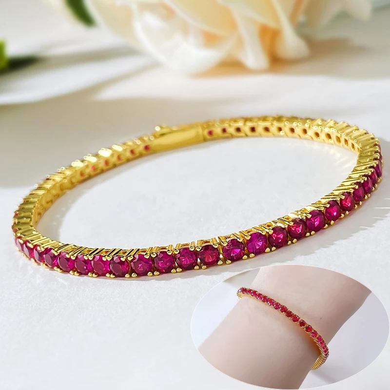 

Apaison 18K Gold Plated Lab Created Ruby Tennis Bracelet Original 925 Sterling Silver 16/17/18/19 cm Bracelets For Women Man