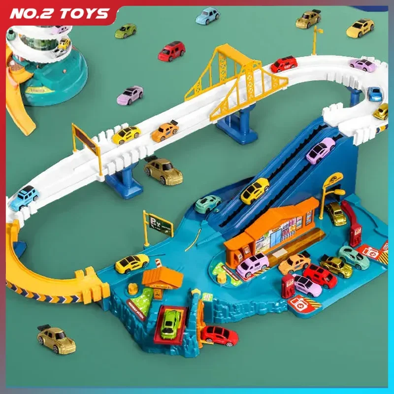 Zestaw zabawek: tor parkingowy, kolejka, pojazd, model kolejowy z napędem inercyjnym, autostrada, stacja, zabawki z miniaturowymi samochodami, prezenty świąteczne dla chłopców