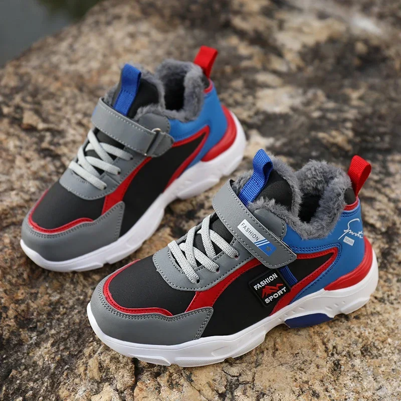 Children's Boy Non-Slip Winter Kids Sneakers Warm Fur Shoes Running Plus Furry Waterproof Leather Girl Casual Trekking Shoes