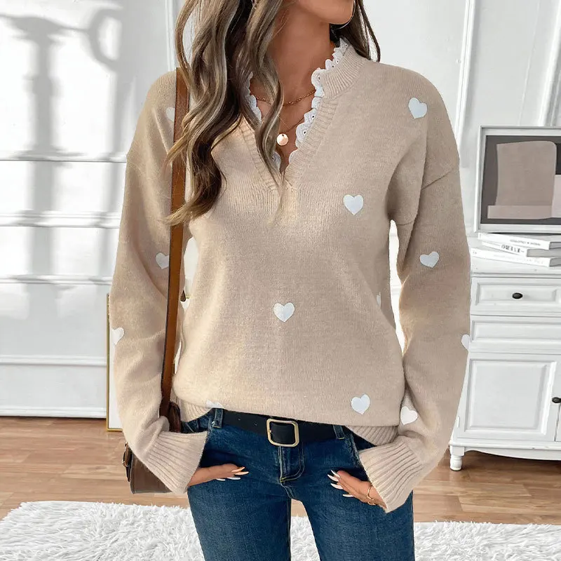 

Love Printed Autumn and Winter New Style Stand Collar Spliced Lace Lace Versatile Pullover Knitted Sweater