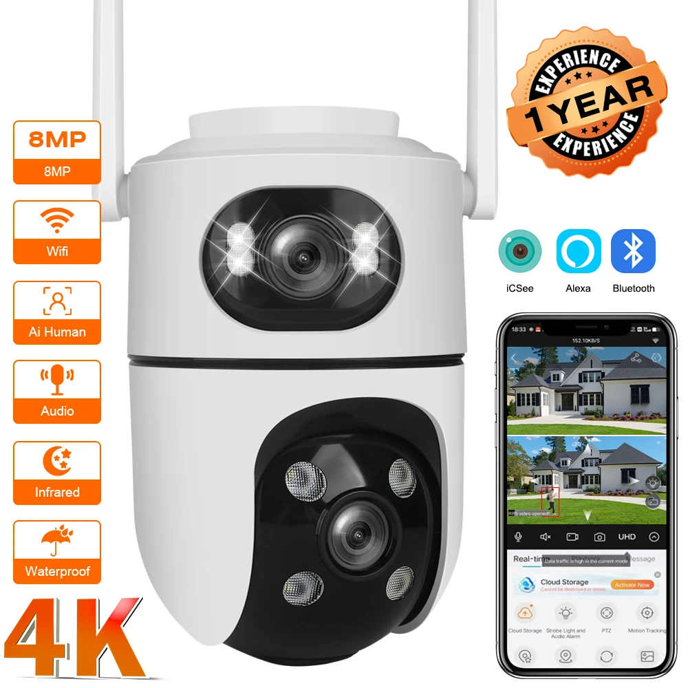 TAITAS 8MP WiFi Camera PTZ Dual Screens Auto Tracking Night Vision CCTV Surveillance Camera Outdoor 4MP Security IP Camera icsee