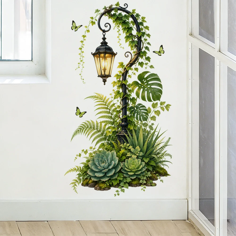 2D plan, 1 piece of forest retro street lamp wall sticker, green plant vine butterfly decoration sticker, living room entrance w