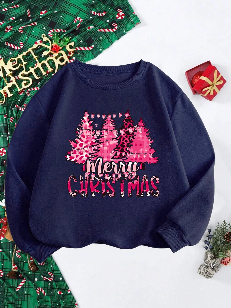 

Christmas Sweatshirt Women Pink Trees Printing Black Hoodie Loose Fleece Warm Crewneck Pullover Winter Casual Tops Woman Clothes