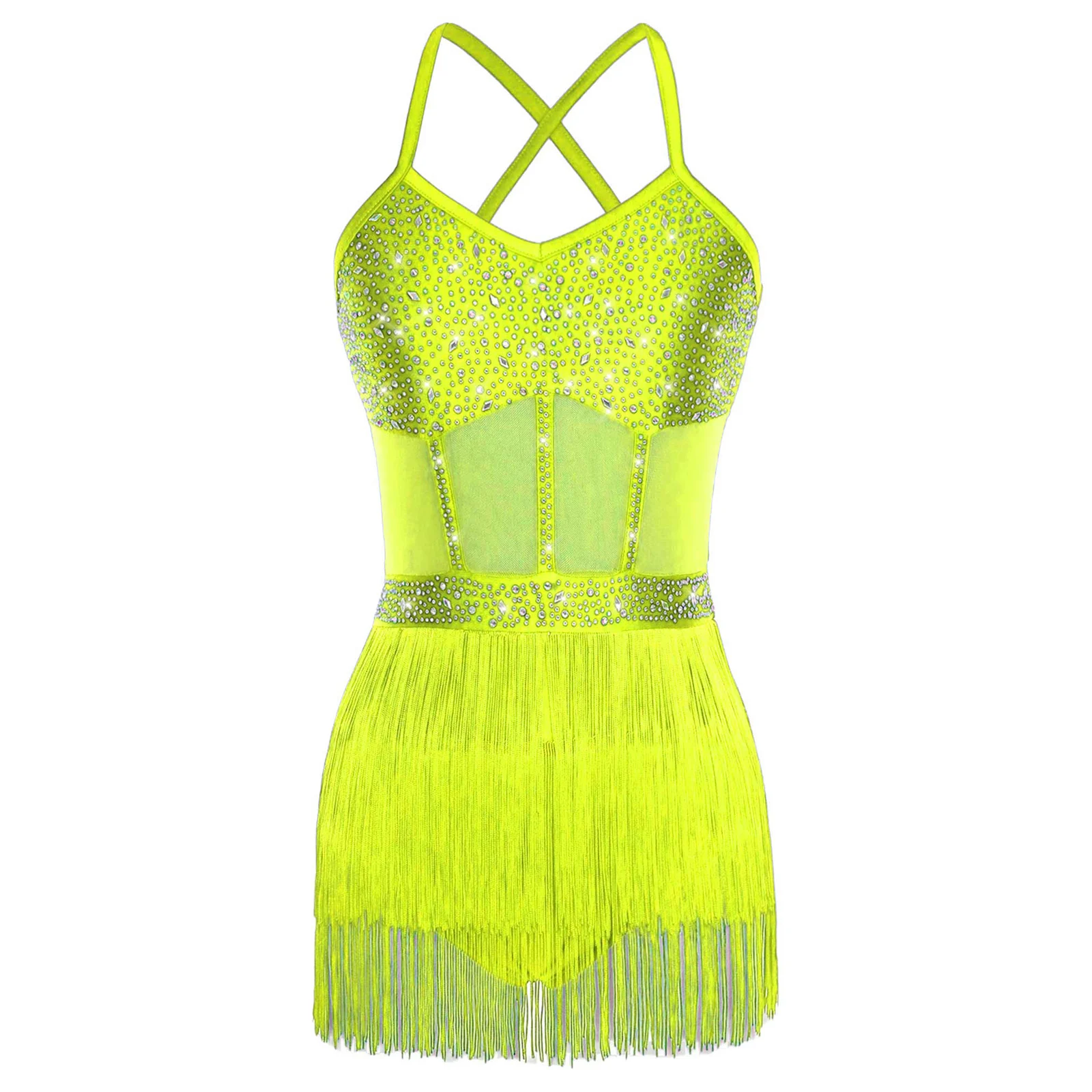 

Womens Salsa Jazz Latin Dance Leotard Dress Sheer Mesh Patchwork Tassel Bodysuit Sequin Latin Dress for Stage Dance Competition