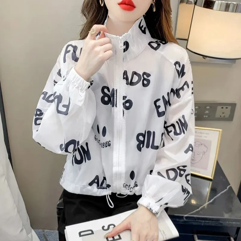 Letter Printed Sun Protection Clothing 2024 New Long Sleeved Short Shirt Tops Coat Women Fashion Chiffon Outerwear Female