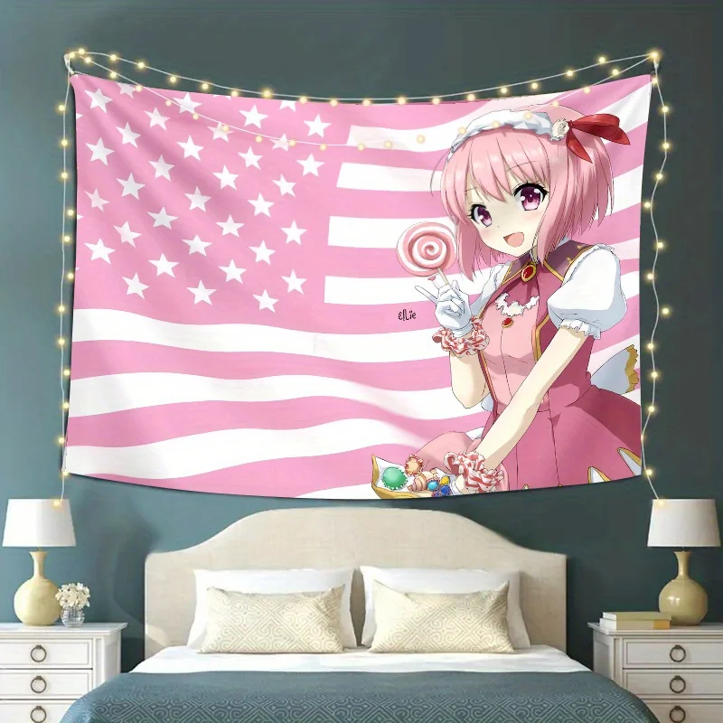 Cute Anime Magical Girl Tapestry Pink Stars Stripes Flag Wall Hanging Kawaii Manga Fabric Backdrop Art Cloth Blanket for Girl
