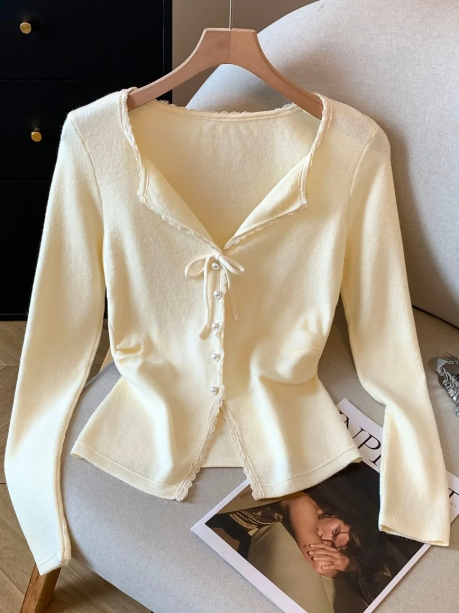 الرغبة النقية الدانتيل V-Ne طويلة Sve محبوك سترة مفتوحة المرأة ort Sle الخريف جديد الحفاظ على الذات زر الديكور