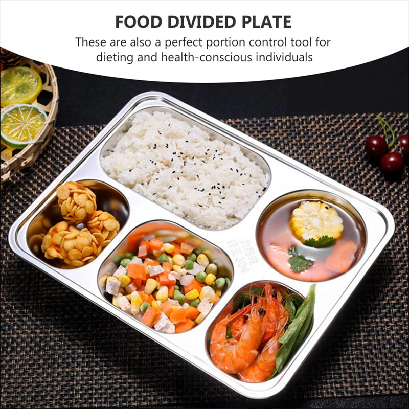 Stainless Steel Partitioned Dinner Plate Lunch And Dinner Tray With 5 Compartments Children's Student Lunch Box Divided Lunch