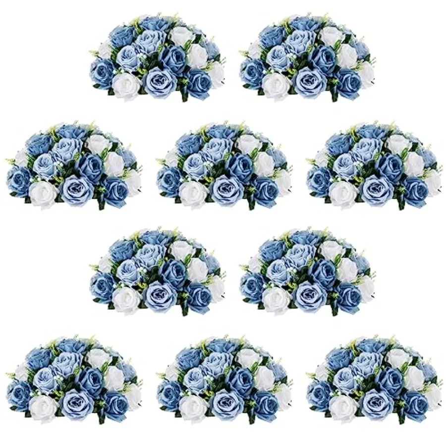 

Artificial Flower Centrepieces for Tables - 10 Pcs DustyBlue White Fake Flowers Roses Balls 13.8in Diameter - Silk Faux Rose Ar