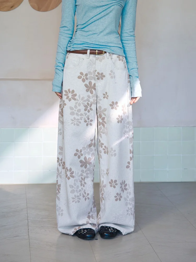 Saotome Women's Straight Leg Jeans Floral Print Slimming High Waist Cotton Trousers Casual Early Girl Design