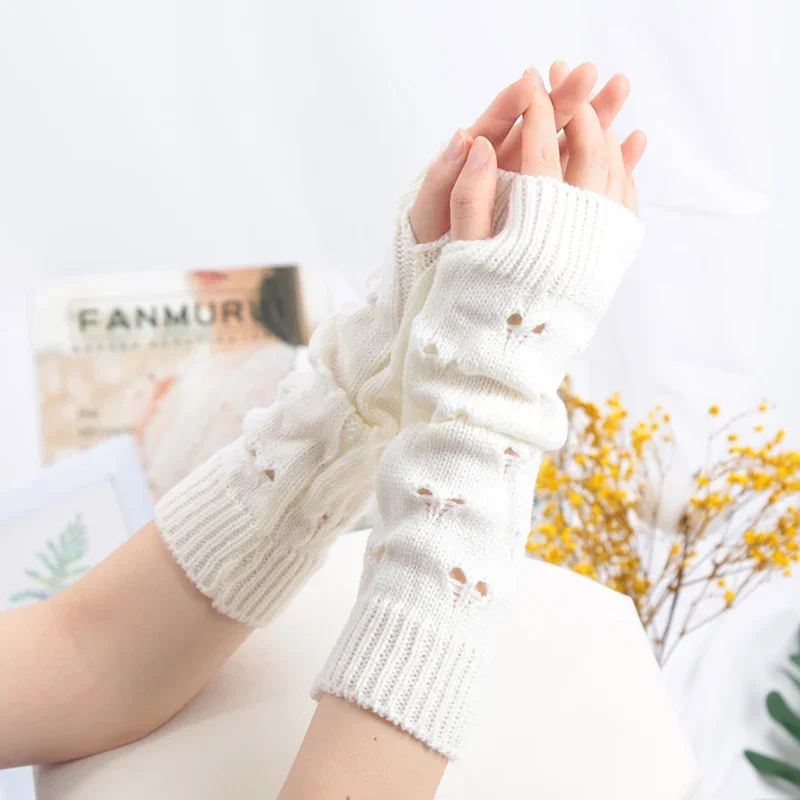 Women Long Fingerless Soft Gloves Cute Fashion Gloves Gothic Cosplay Y2K Lolita Girl Arm Knitting Hollow Heart Warm Black Mitten