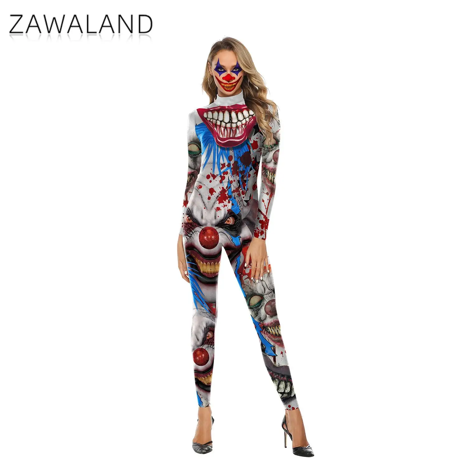 Zawaland Cosplay Clown kostiumy z nadrukiem 3D seksowne elastyczne, obcisłe z długim rękawem dla dorosłych całe body szczupłe damskie kombinezony Zentai garnitury