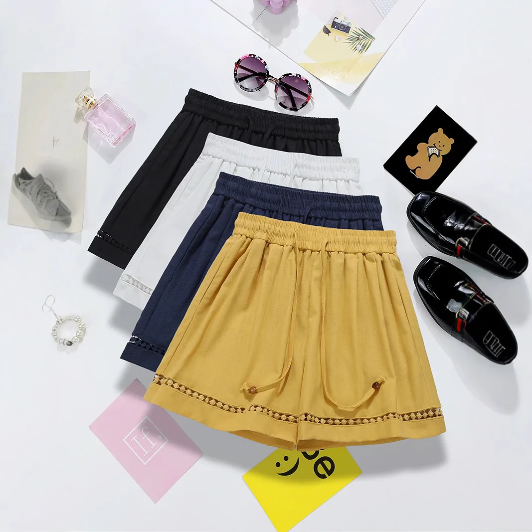 ฤดูร้อนใหม่ Hollow Lace กางเกงขาสั้นผู้หญิงเสื้อผ้าเอวยางยืดหลวมกางเกงขากว้างกางเกงขาสั้นผู้หญิง