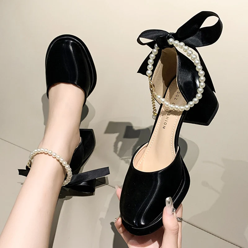 Pearl Ankle Buckle Thick Heel Pumps Women Back Bowtie Lace Up Mary Jane Shoes Woman 2023, Autumn Platform High Heels Dress Shoes