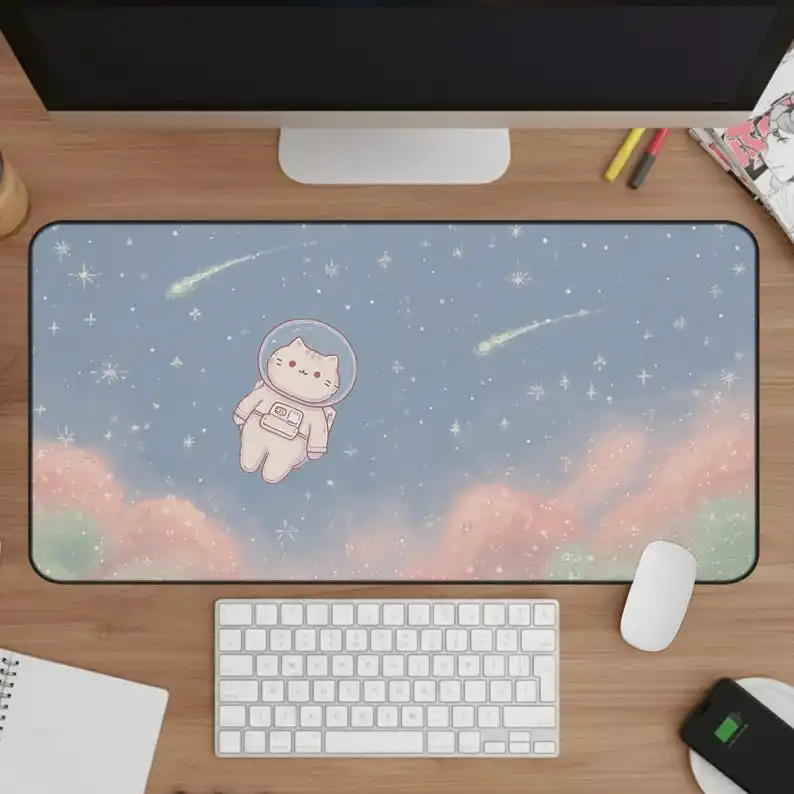 Cute Space Cat Mouse Pad, Adorable Galaxy Desktop Mat, Suitable for Gamers, Soft and Beautiful Mouse Pad, Cute Room Decoration