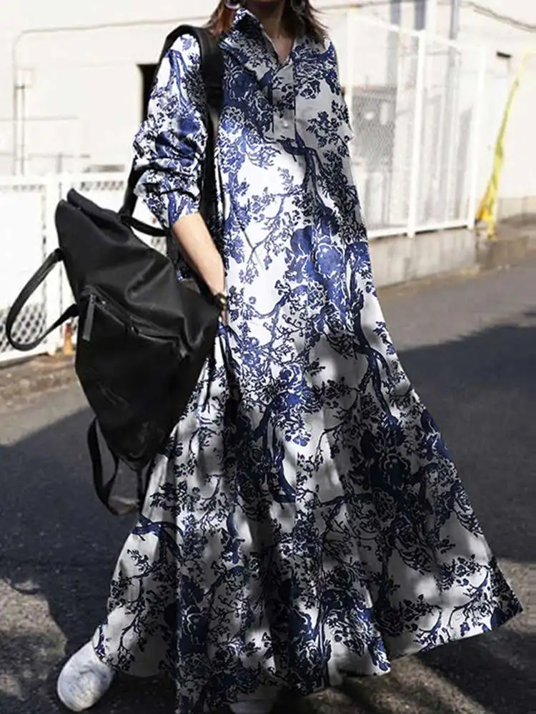 Jesienne sukienki Maxi damskie ZANZEA z długim rękawem bawełna z kwiecistym nadrukiem koszula sukienka sukienka letnia typu Kaftan pracy Vestido Femme
