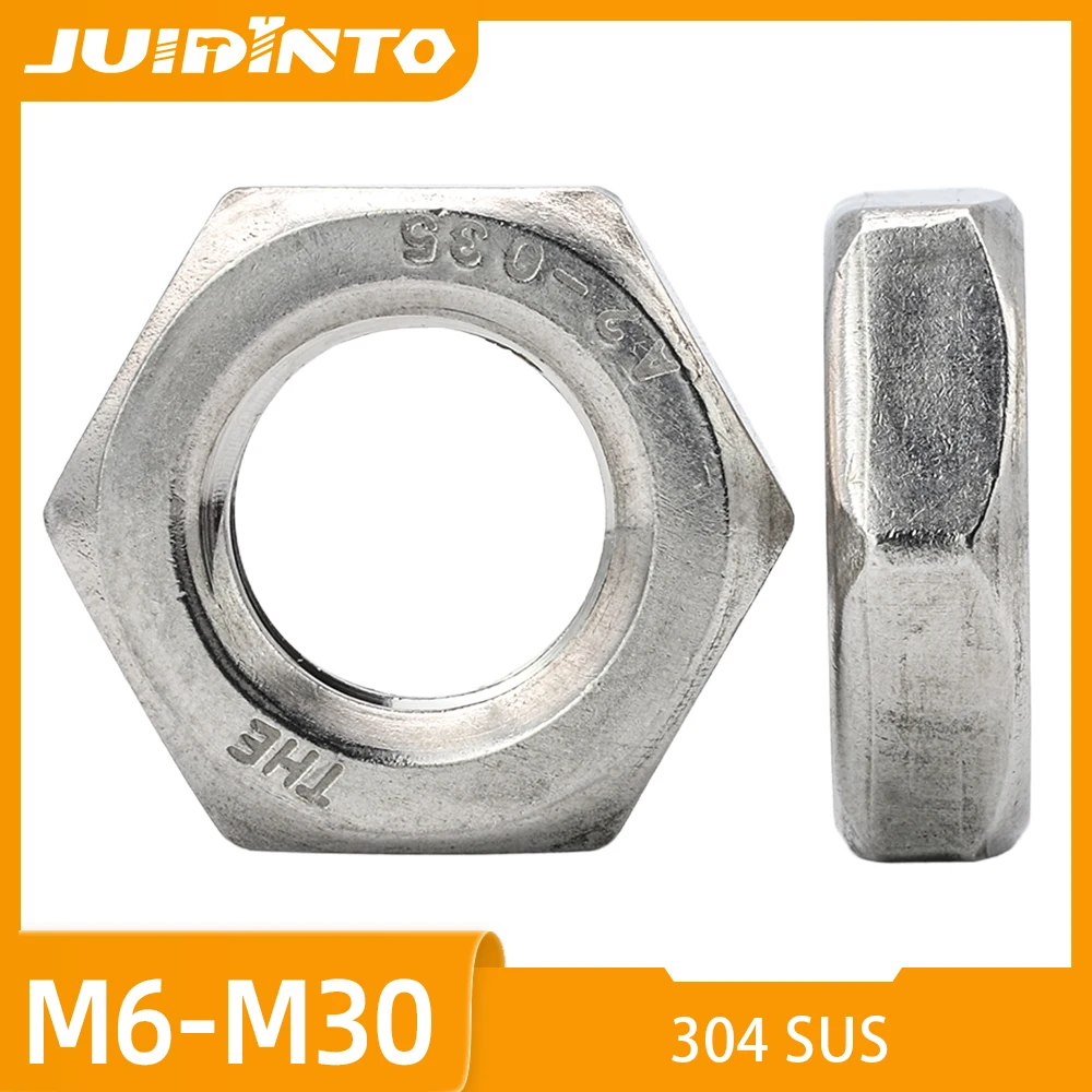 JUIDINTO 1-20pcs 304 Stainless Steel Fine Thread Hex Jam Nuts GB6173 M6 M8 M10 M12 M14 M16 M18 M20-M30 Thin Hex Nuts for Bolts