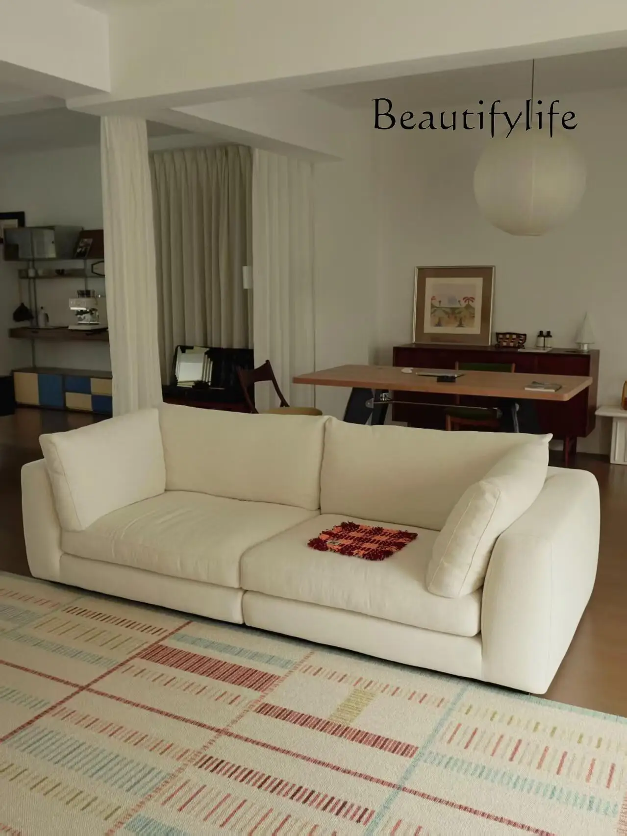 

Simulation leather sofa small apartment living room straight row removable and washable sofa retro cotton and linen fabric sofa