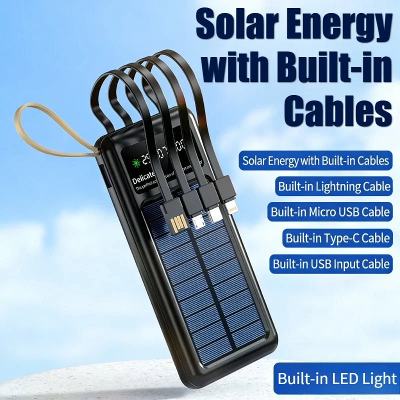 Solar Power Bank 20000mAh with Built-in Cables and Dual LED Flashlights, Portable External Battery Pack For Samsung and iPhone view 4